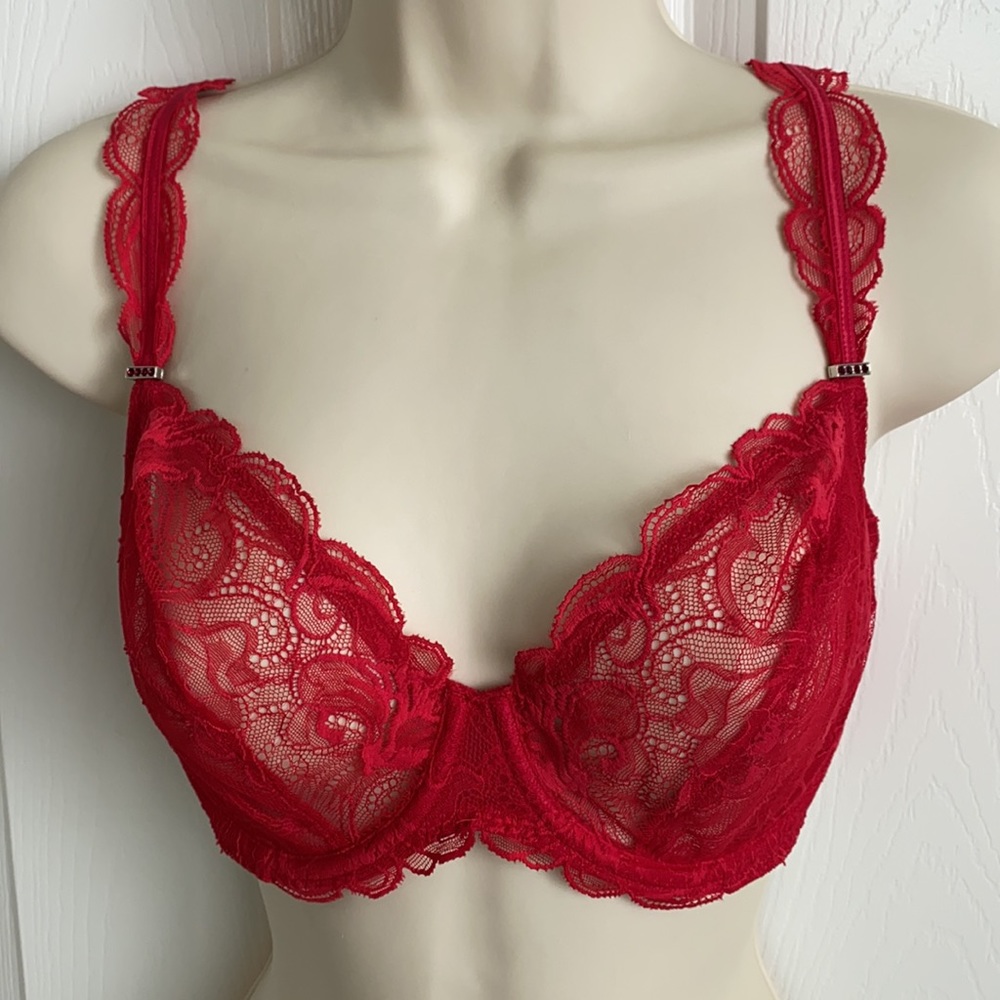 Marie Jo Red Lace Underwire Bra Crystal Detail 34D